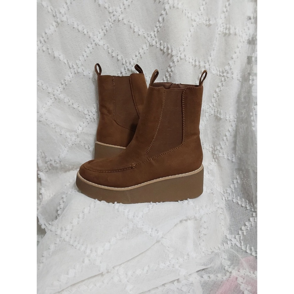 Womens Brown Faux Suede Platform Ankle Boots Wedge Sole Side Zip Size 6